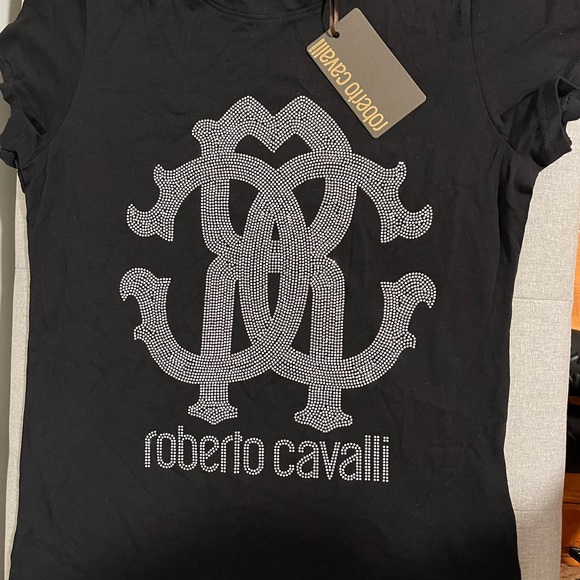 Roberto Cavalli Black Tee with Silver Embellishment - Picture 1 of 3